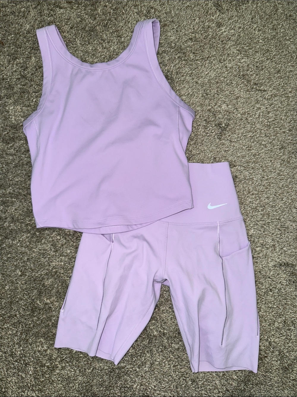 Nike lilac workout set biker shorts and cropped tank